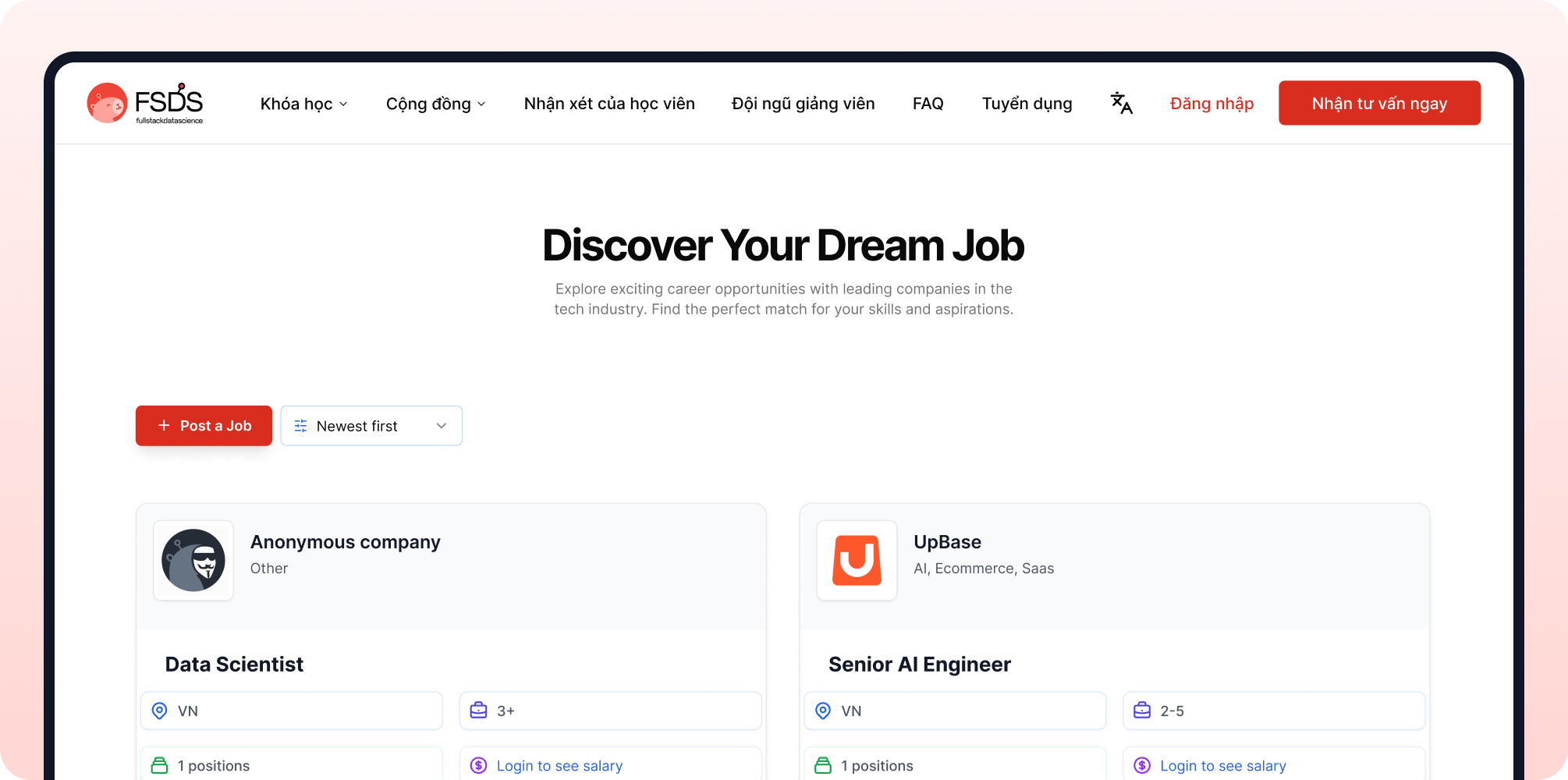 Job board interface showing career opportunities